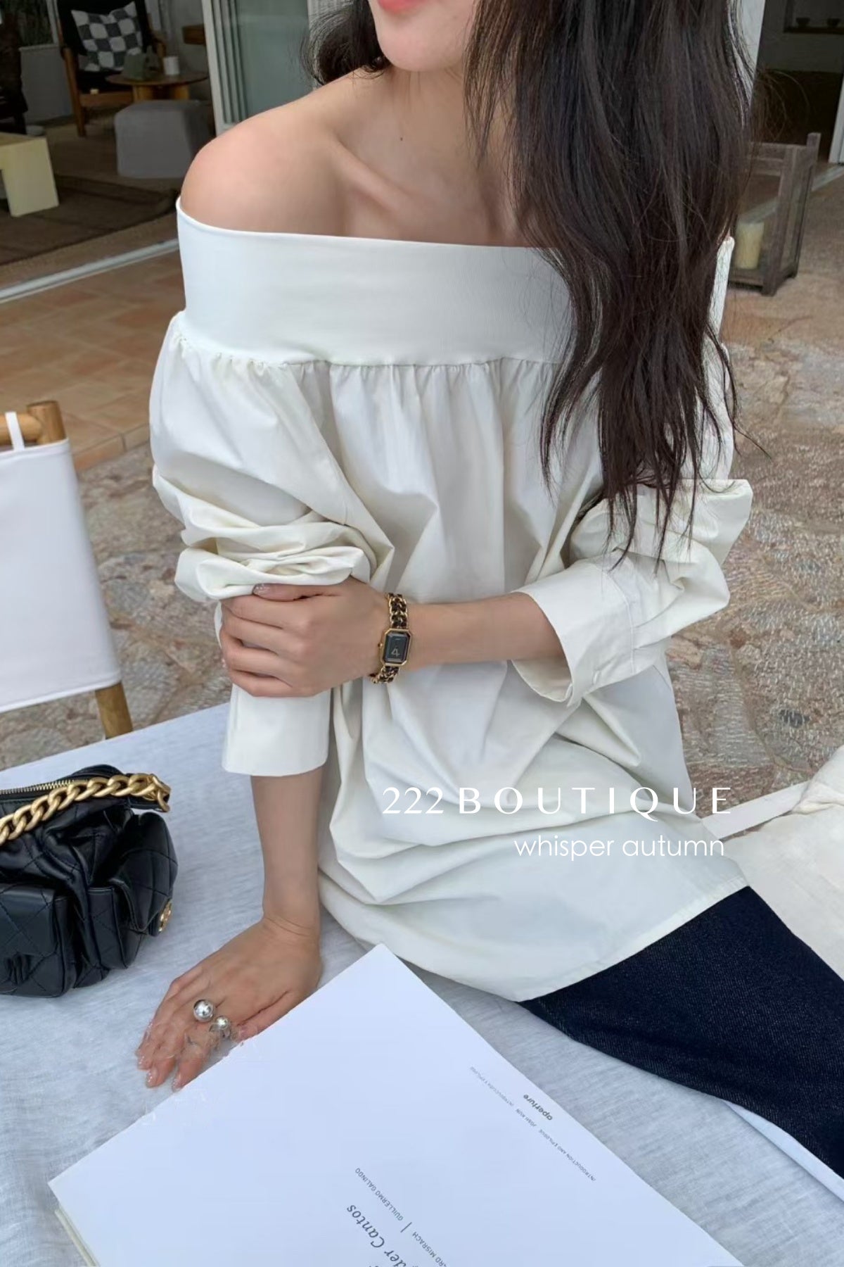 16a28 Off-shoulder long-sleeve cotton top