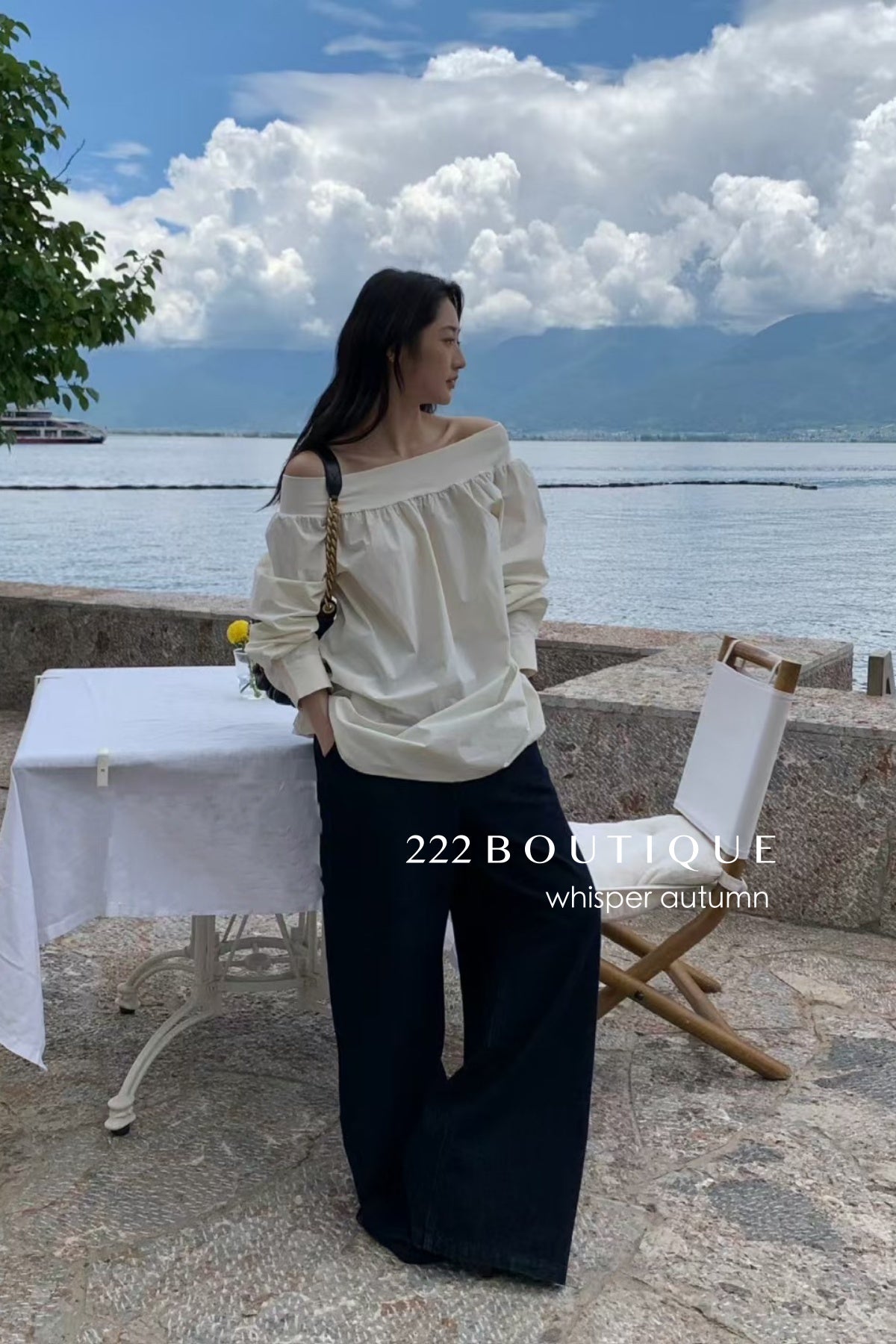 16a28 Off-shoulder long-sleeve cotton top