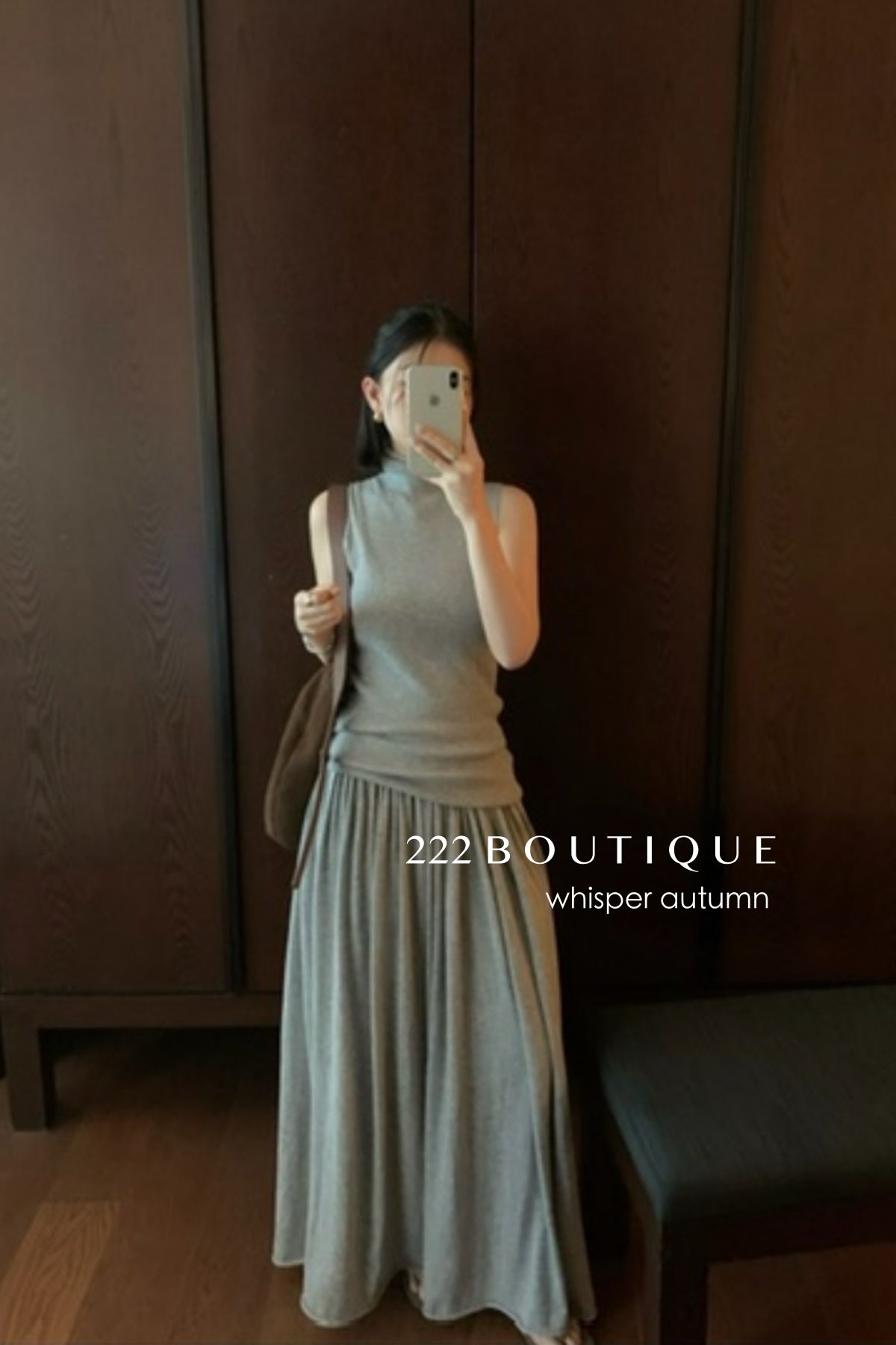 16v9 Pleated skirt &amp;amp; mock-neck sleeveless top set – grey