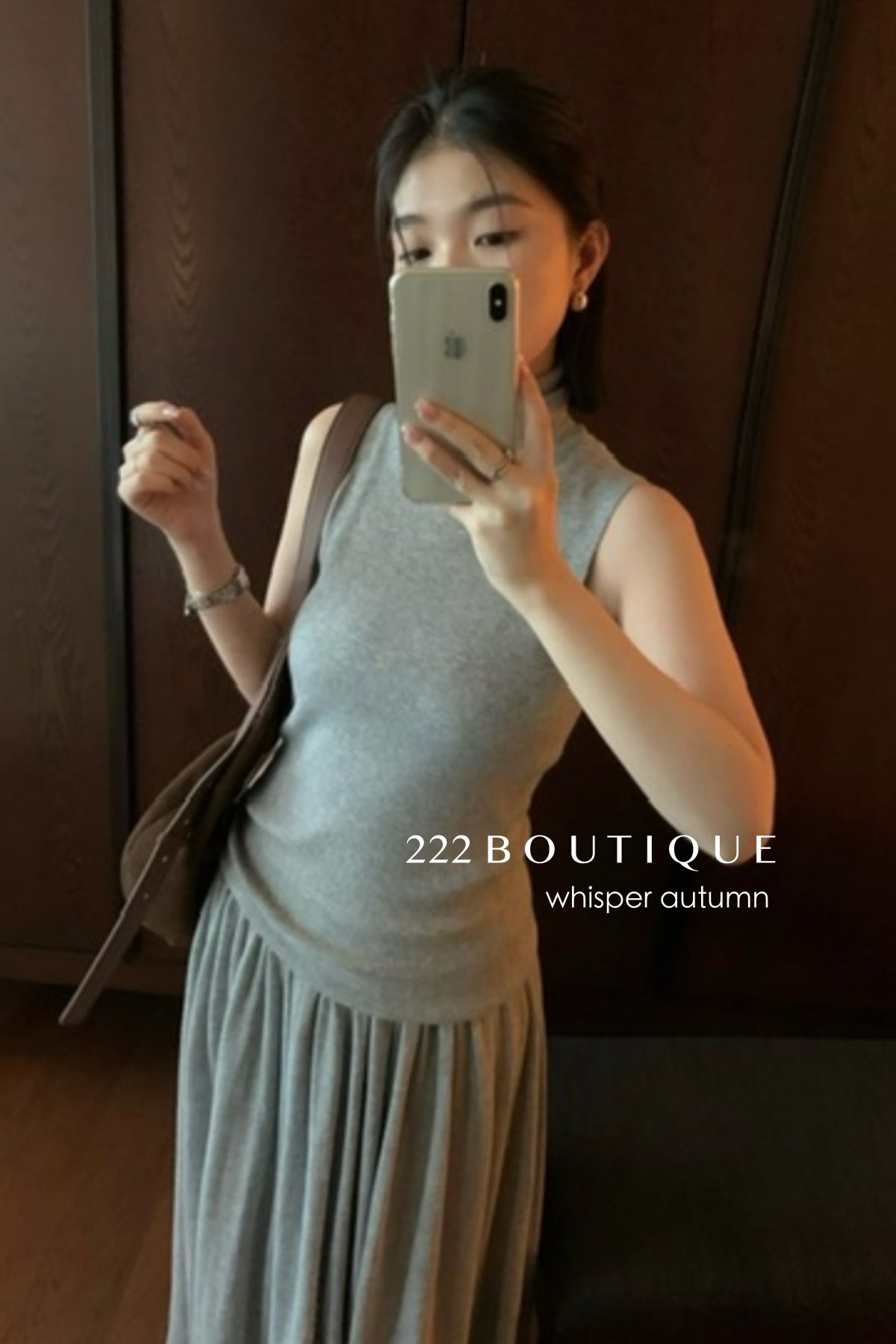 16v9 Pleated skirt &amp;amp; mock-neck sleeveless top set – grey