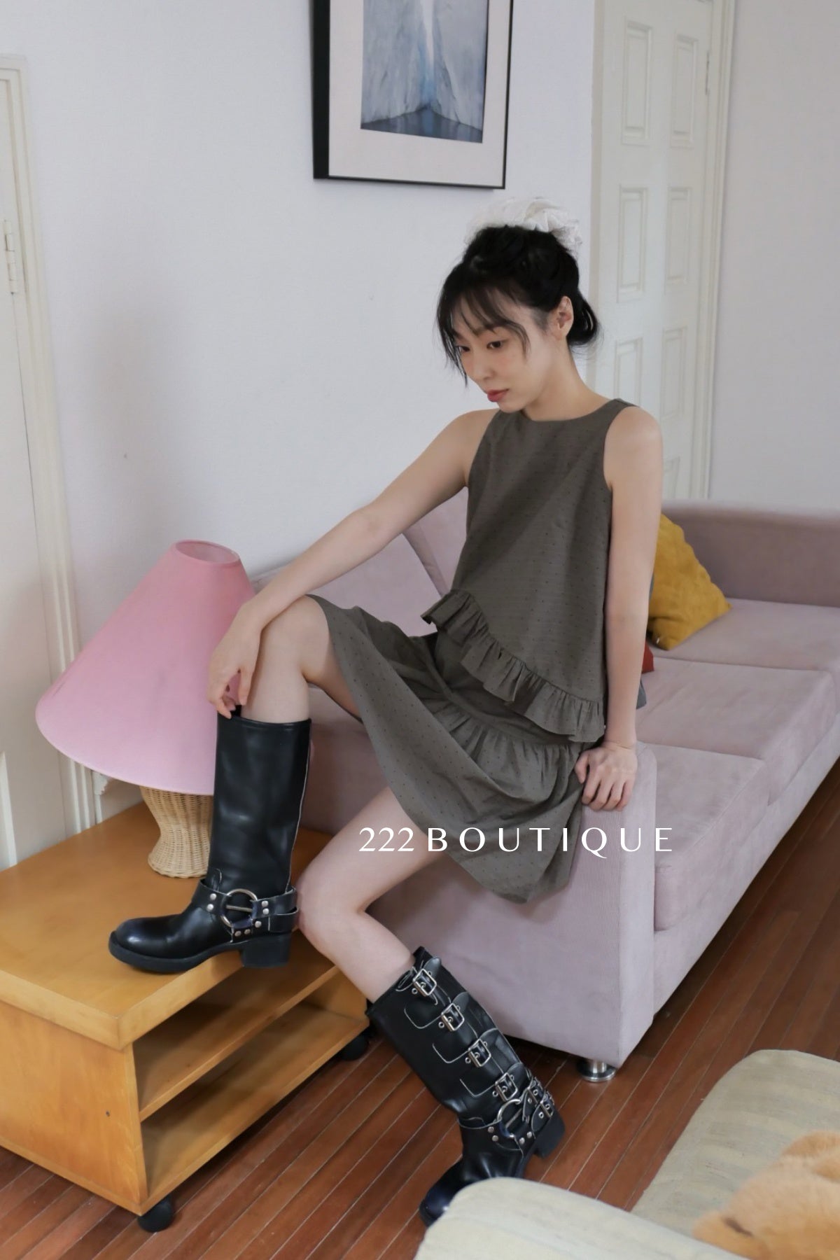 15v5 Textured cotton ruffle dress – charcoal black