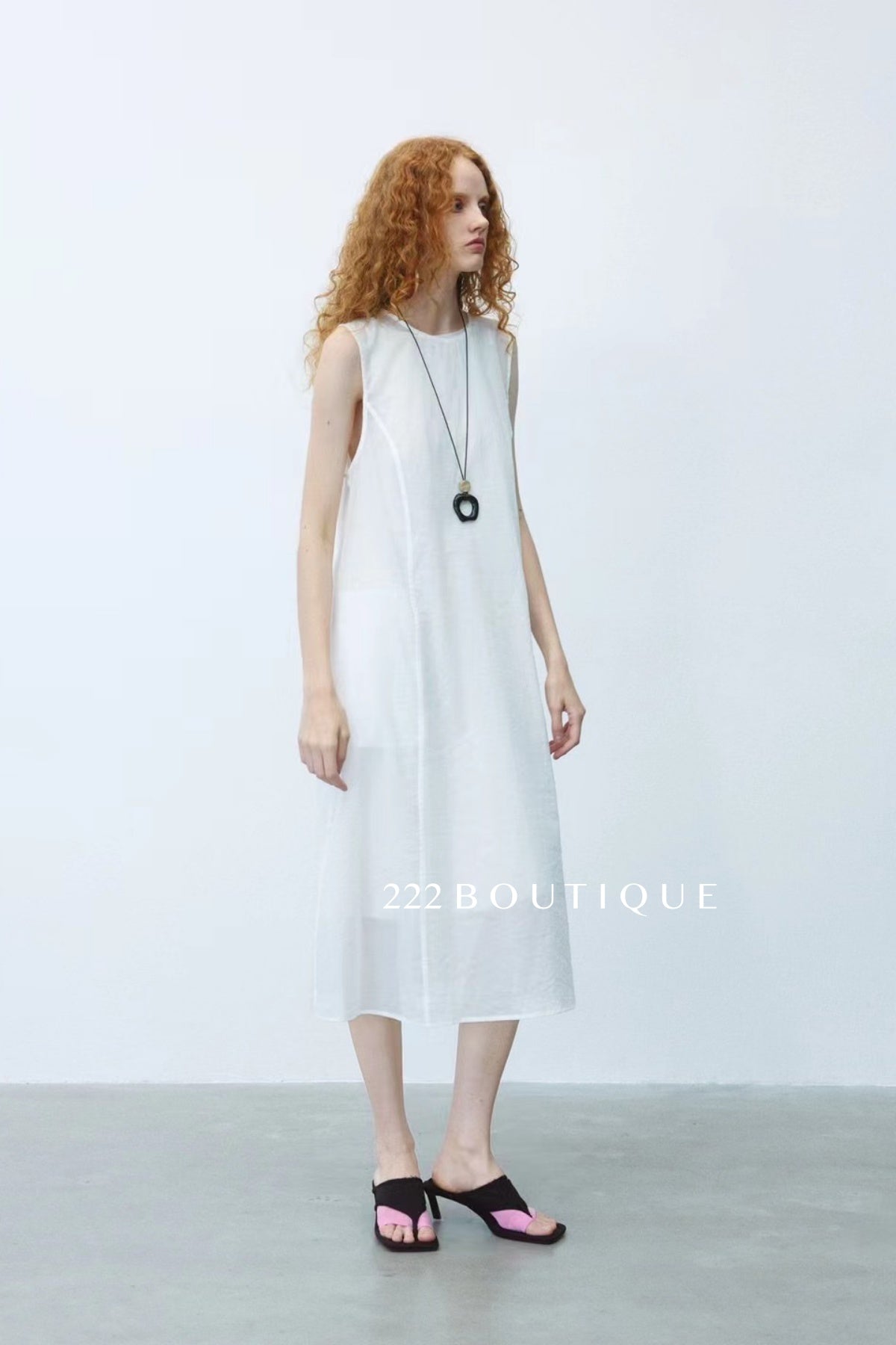 15v2 Sheer sleeveless midi dress – whisper tones