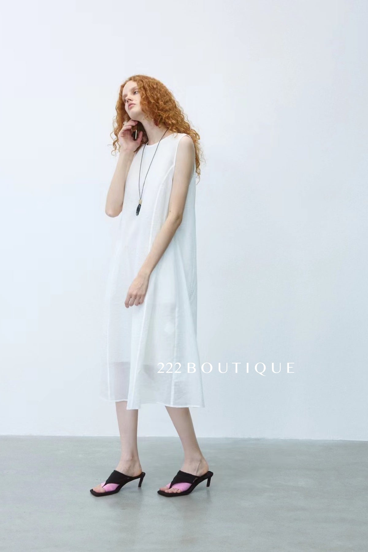 15v2 Sheer sleeveless midi dress – whisper tones