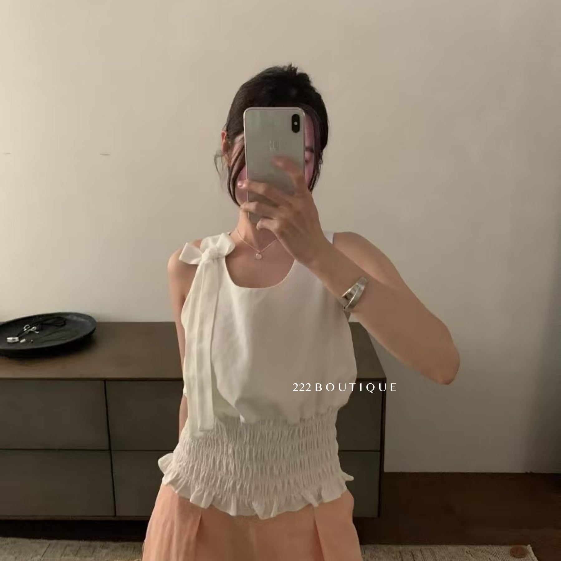 14a4 Wide-strap cami with bow shoulders and ruched waist