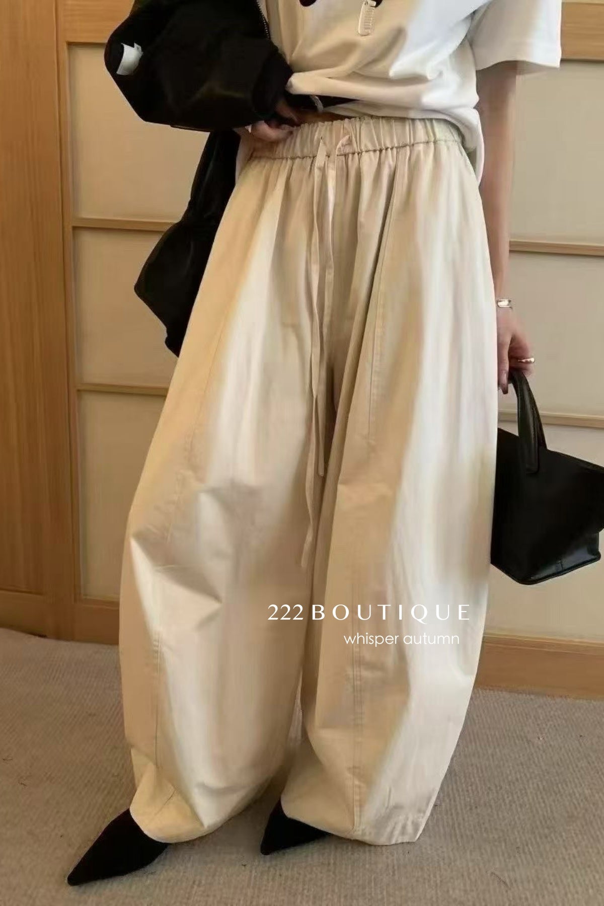 17q3 Korean wool-blend wide-leg trousers with elastic waist