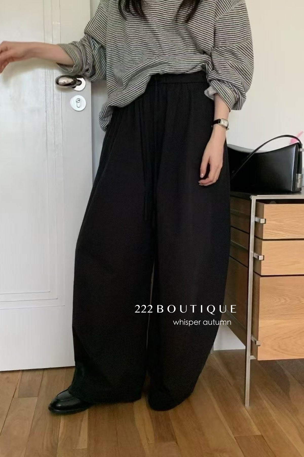 17q3 Korean wool-blend wide-leg trousers with elastic waist