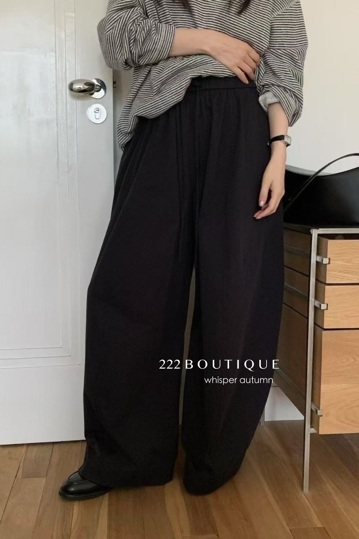 17q3 Korean wool-blend wide-leg trousers with elastic waist