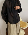 17a7 Silk blouse with lace sleeve details