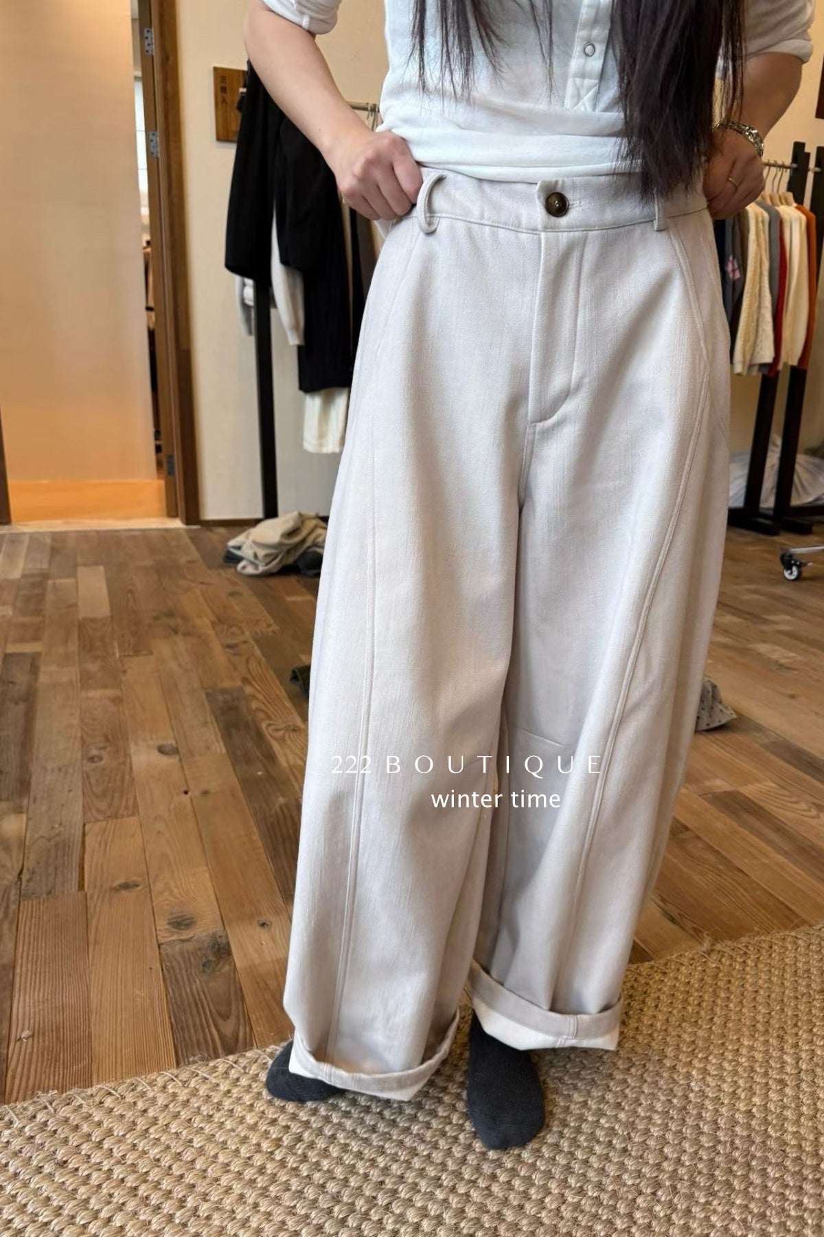 18q39 Basic cream baggy wool pants
