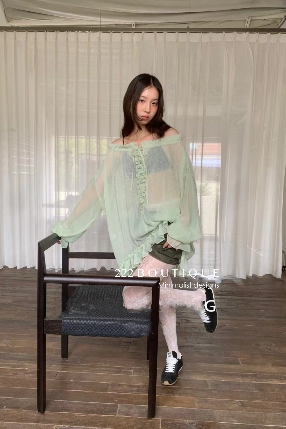 12a9 Sheer ruffle blouse – sage green or white