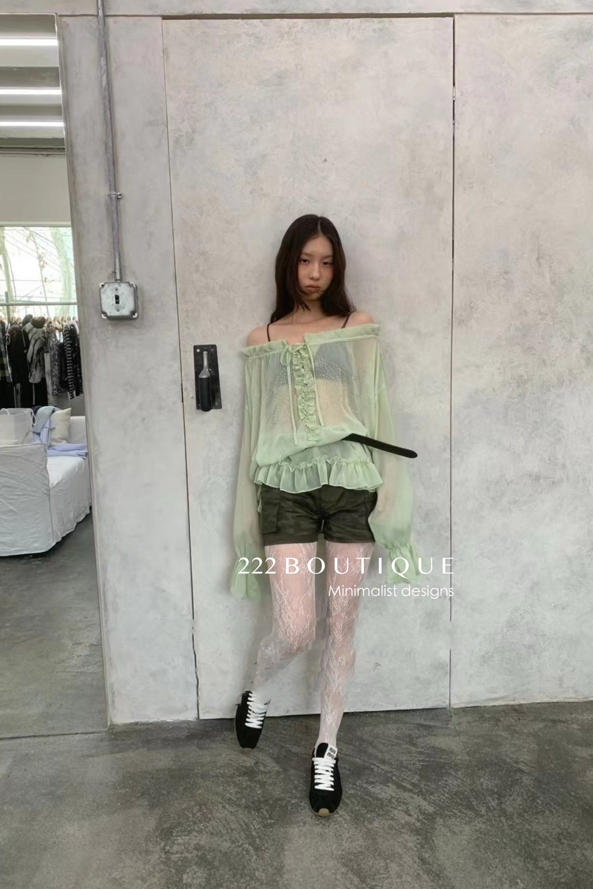 12a9 Sheer ruffle blouse – sage green or white
