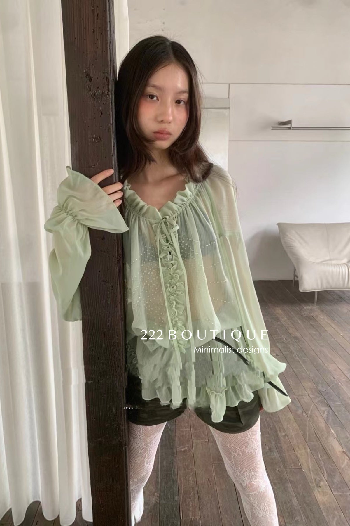 12a9 Sheer ruffle blouse – sage green or white