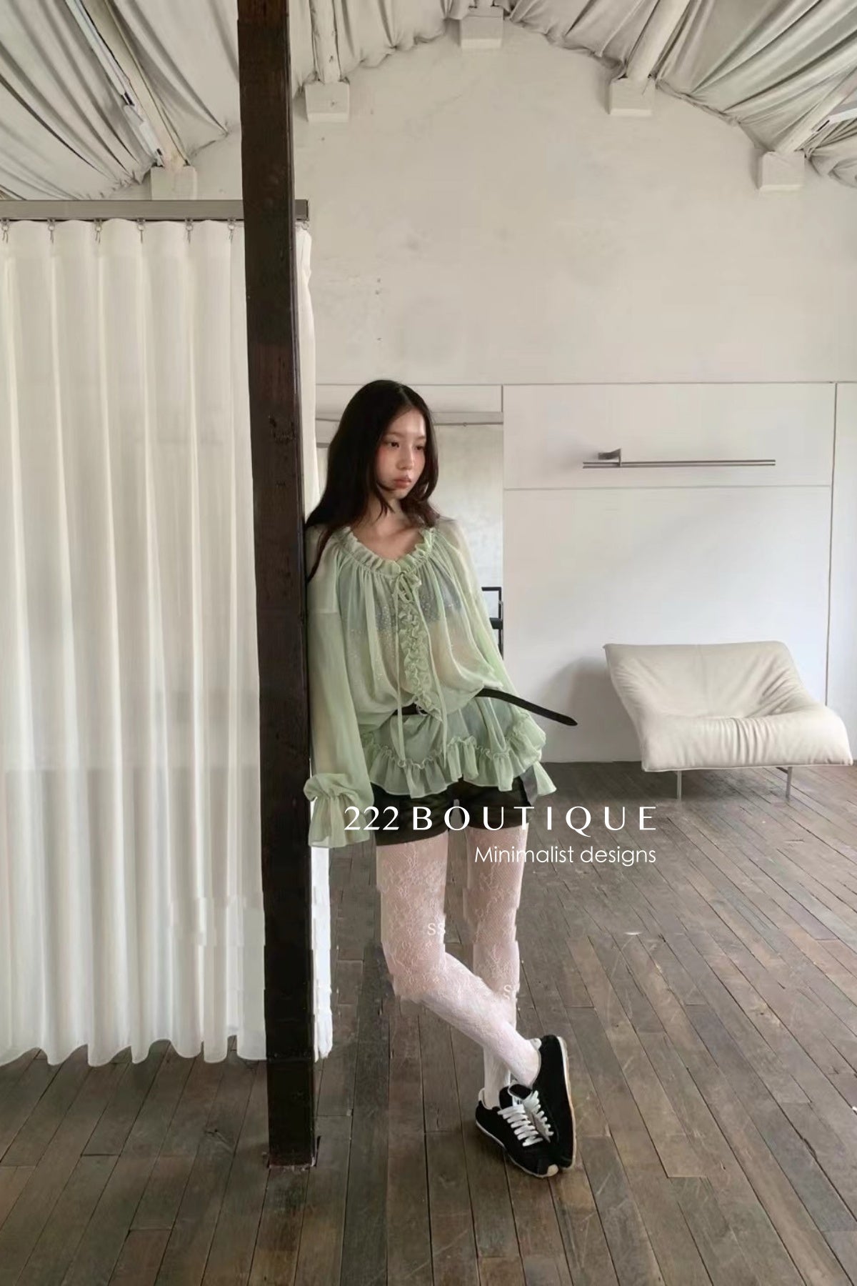 12a9 Sheer ruffle blouse – sage green or white