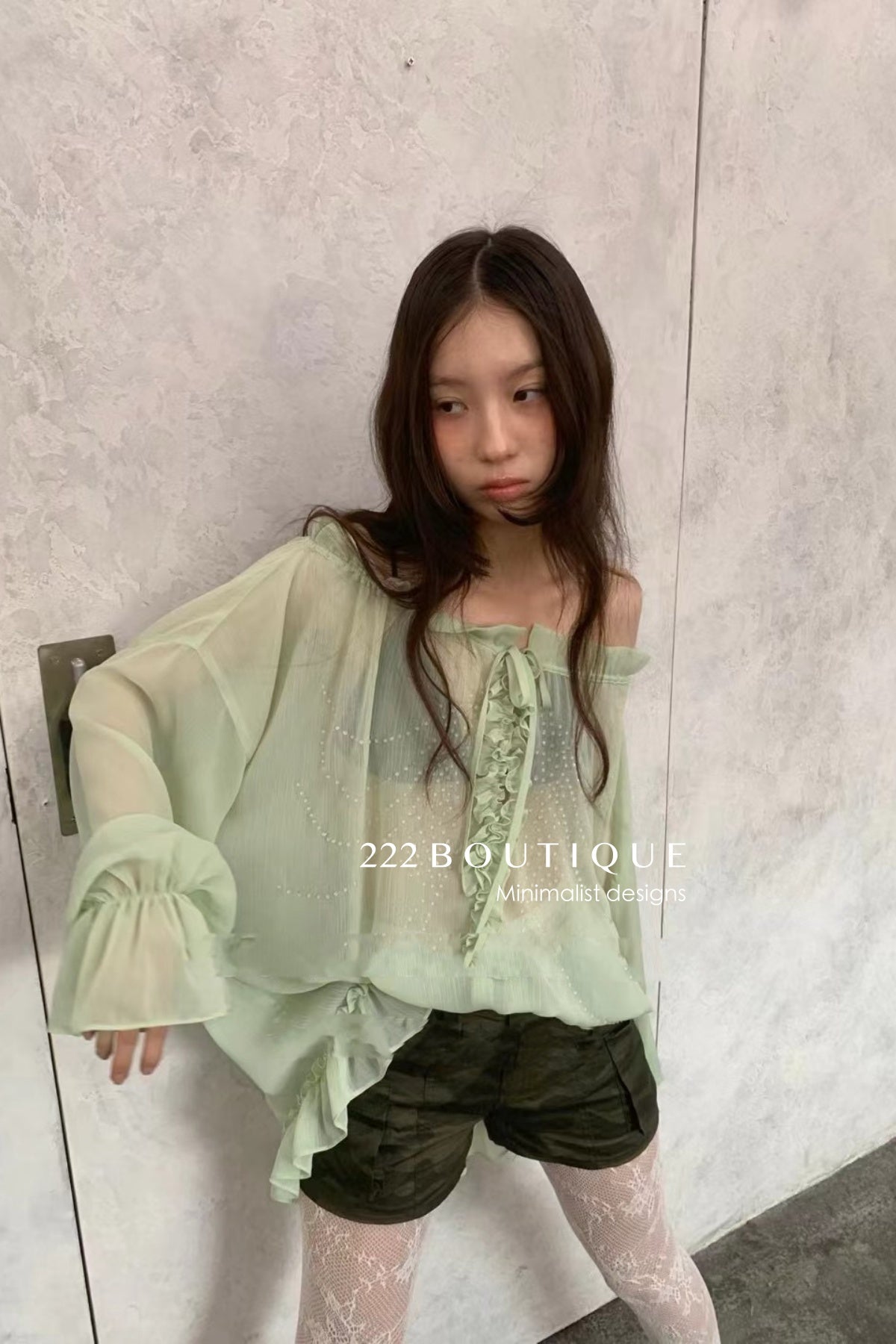12a9 Sheer ruffle blouse – sage green or white