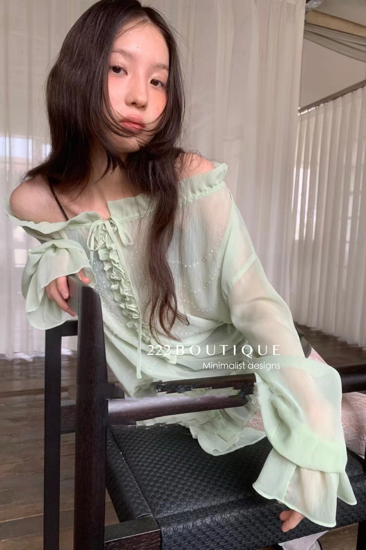 12a9 Sheer ruffle blouse – sage green or white