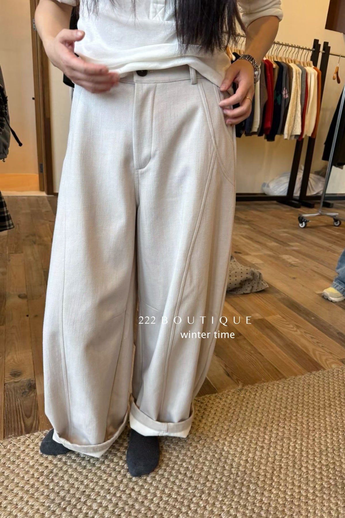18q39 Basic cream baggy wool pants
