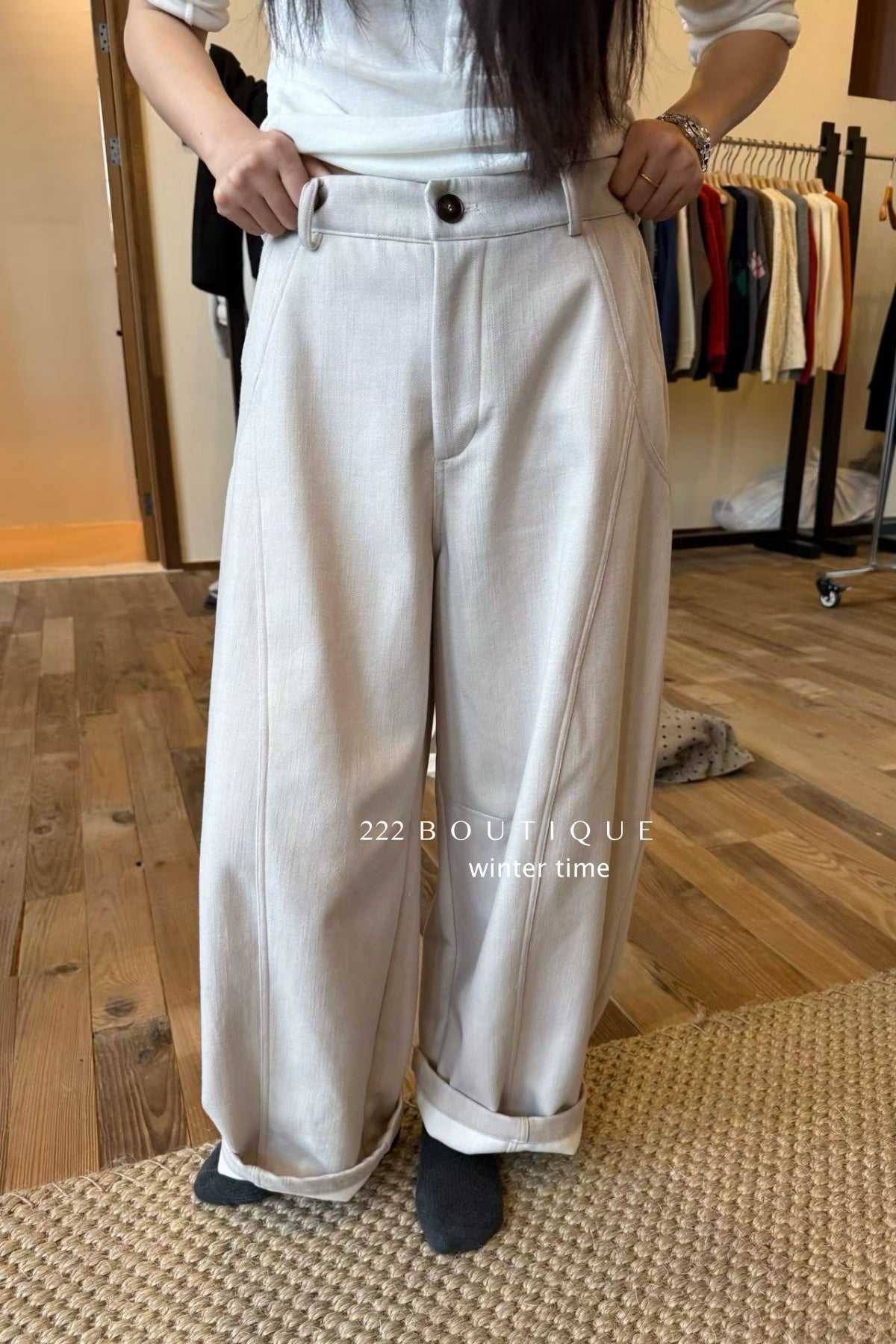 18q39 Basic cream baggy wool pants